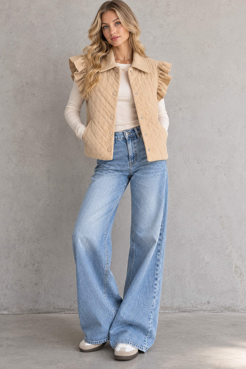 Mira Quilted Ruffle Sleeve Vest – Tan