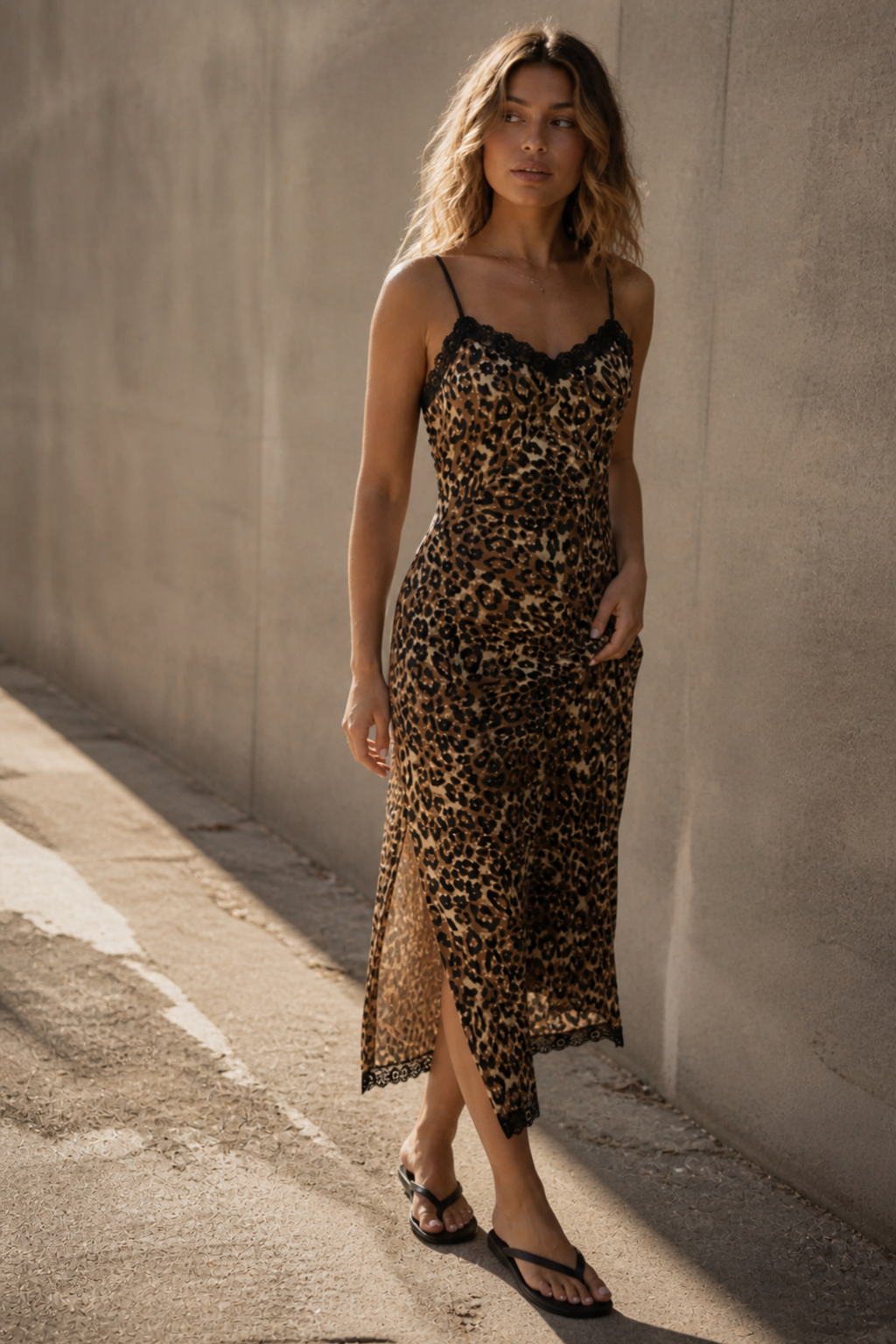 A woman wearing a leopard-print midi slip dress with black lace trim and spaghetti straps, standing against a textured concrete wall in warm sunlight.